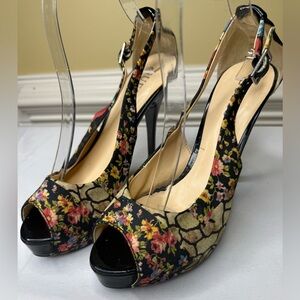 Baddie Sky High Stunning Guess Floral Black Peep-Toe Stilettos